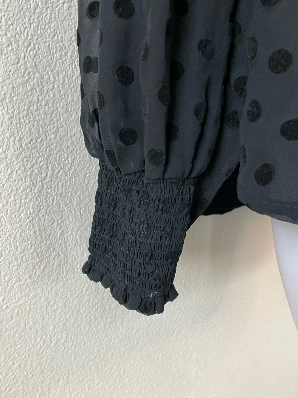 LOFT Black Sheer Velvet Polka Dot Blouse Puff Sleeve Smocked Cuff Romantic